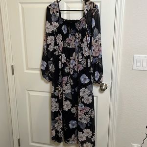 Floral print square neck smocked midi dress